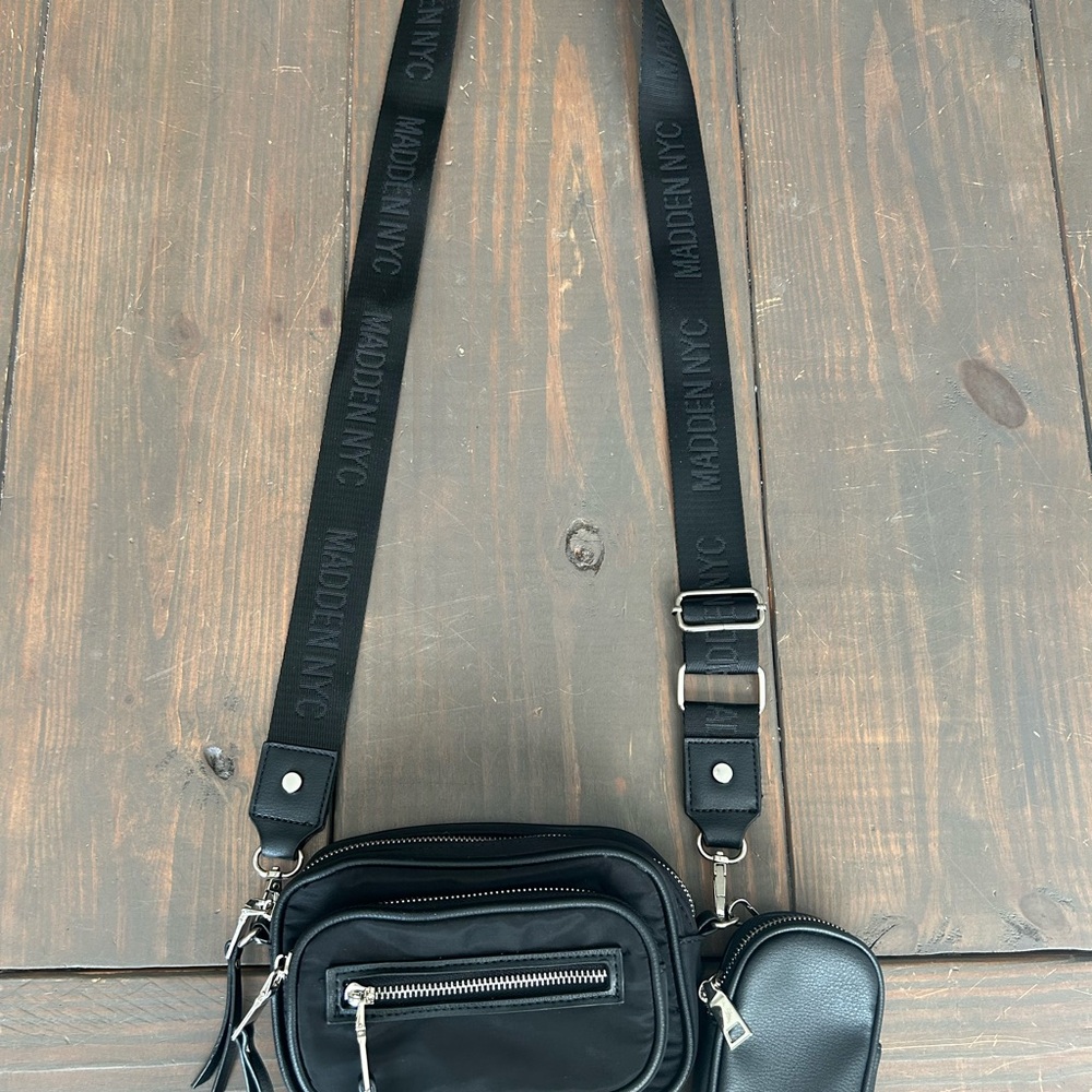 Women's Madden NYC Nylon black Belt Bag crossbody bag w/ mini pouch‎ - Picture 2 of 13